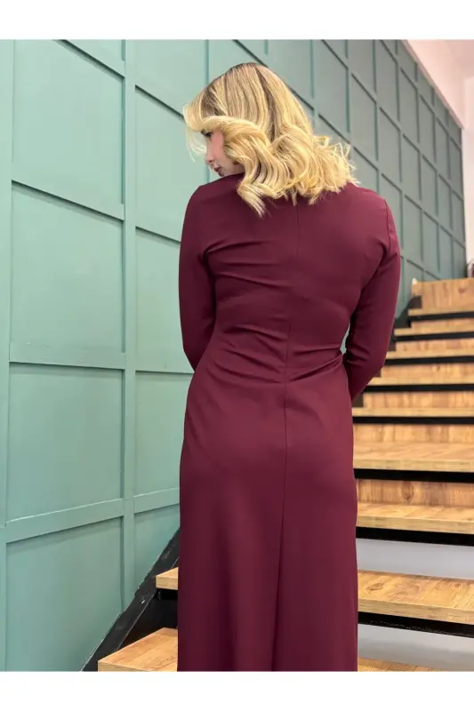 Kadın Yuvarlak Yaka Elbise - Bordo - 8