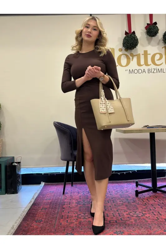 Kadın Yuvarlak Yaka Elbise-Kahverengi - 3