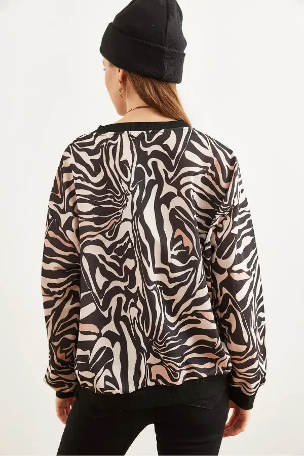 Kadın Zebra Bej Basic Yumuşak Dokulu Salaş Sweatshirt SWT-19000457-Zebra Bej - 5