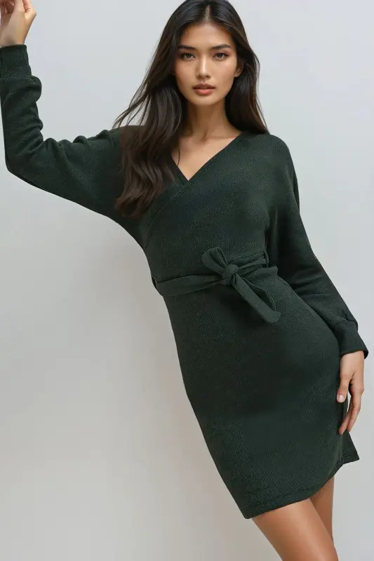 Kadın Zeytin Yeşili Kruvaze Yaka Yarasa Kollu Beli Kemerli Kaşkorse Elbise Alc-X7623-ZEYTİN YEŞİLİ - 1