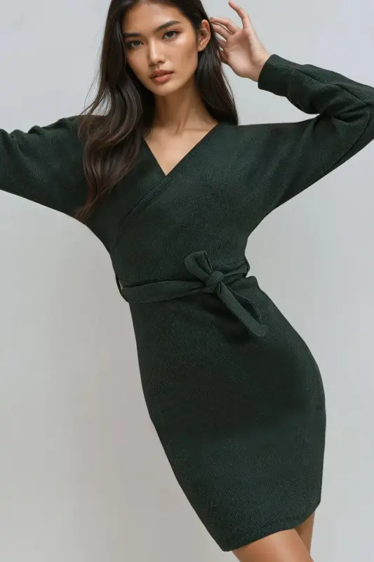 Kadın Zeytin Yeşili Kruvaze Yaka Yarasa Kollu Beli Kemerli Kaşkorse Elbise Alc-X7623-ZEYTİN YEŞİLİ - 3