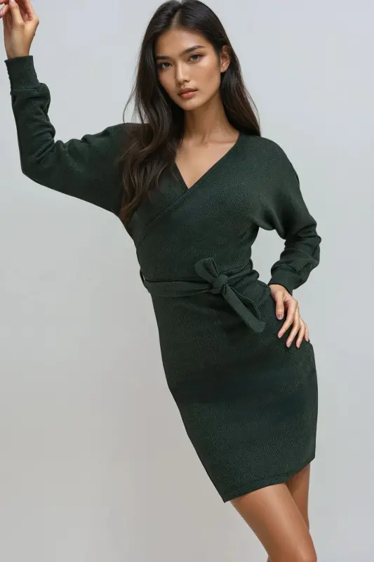 Kadın Zeytin Yeşili Kruvaze Yaka Yarasa Kollu Beli Kemerli Kaşkorse Elbise Alc-X7623-ZEYTİN YEŞİLİ - 4