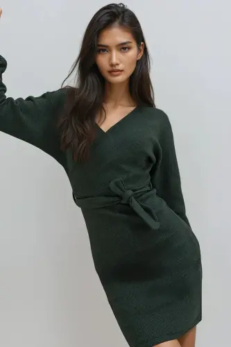 Kadın Zeytin Yeşili Kruvaze Yaka Yarasa Kollu Beli Kemerli Kaşkorse Elbise Alc-X7623-ZEYTİN YEŞİLİ - 5