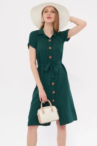 Kadın Zümrüt Beli Kemerli Kısa Kol Gömlek Elbise ARM-19Y001068-Zümrüt 