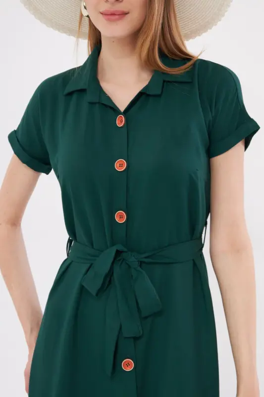 Kadın Zümrüt Beli Kemerli Kısa Kol Gömlek Elbise ARM-19Y001068-Zümrüt - 2