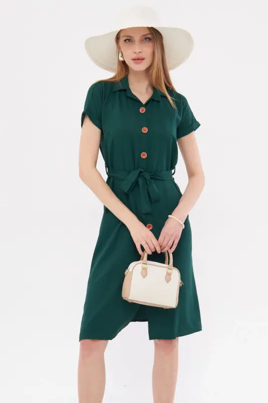 Kadın Zümrüt Beli Kemerli Kısa Kol Gömlek Elbise ARM-19Y001068-Zümrüt - 3