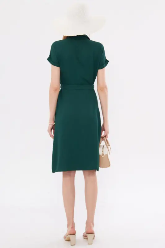 Kadın Zümrüt Beli Kemerli Kısa Kol Gömlek Elbise ARM-19Y001068-Zümrüt - 4