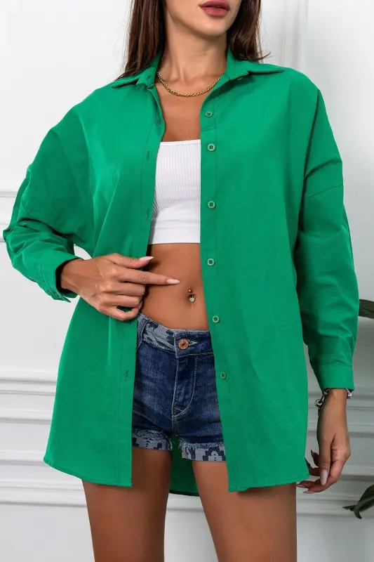 Kadın Zümrüt Oversize Uzun Basic Gömlek ARM-22Y001118-Zümrüt - 3