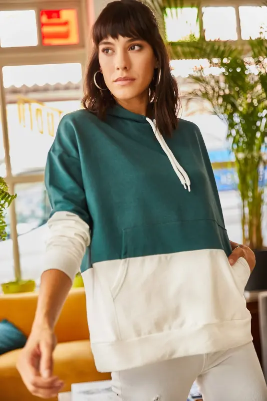 Kadın Zümrüt Yeşili 2 Renkli Oversize Kapşonlu Sweatshirt SWT-19000228 - Zümrüt Yeşili - 4