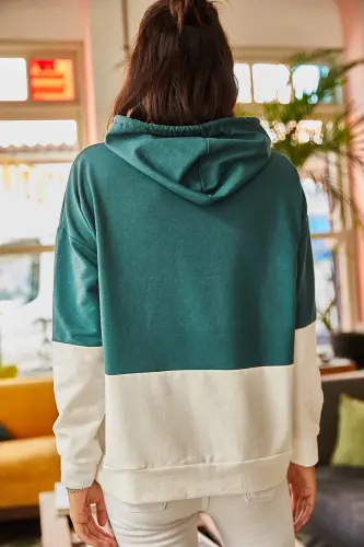 Kadın Zümrüt Yeşili 2 Renkli Oversize Kapşonlu Sweatshirt SWT-19000228 - Zümrüt Yeşili - 7