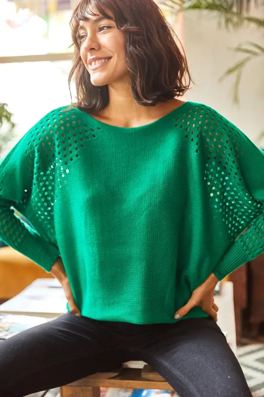 Kadın Zümrüt Yeşili Ajurlu Yarasa Oversize Triko Kazak KZK-19000524-Zümrüt Yeşili - 3