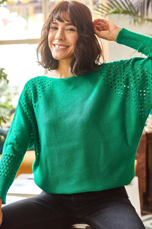 Kadın Zümrüt Yeşili Ajurlu Yarasa Oversize Triko Kazak KZK-19000524-Zümrüt Yeşili - 4