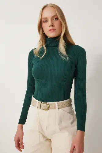 Kadın Zümrüt Yeşili Boğazlı Fitilli Likralı Kazak DD01007-Zümrüt Yeşili - HAPPINESS İSTANBUL (1)