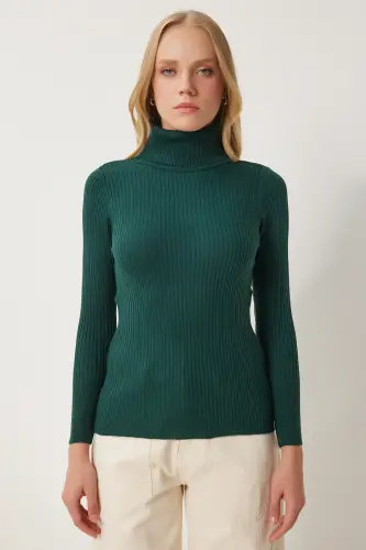 Kadın Zümrüt Yeşili Boğazlı Fitilli Likralı Kazak DD01007-Zümrüt Yeşili - 4