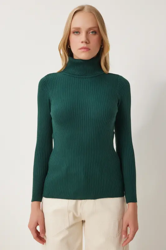 Kadın Zümrüt Yeşili Boğazlı Fitilli Likralı Kazak DD01007-Zümrüt Yeşili - 4