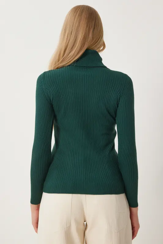 Kadın Zümrüt Yeşili Boğazlı Fitilli Likralı Kazak DD01007-Zümrüt Yeşili - 5