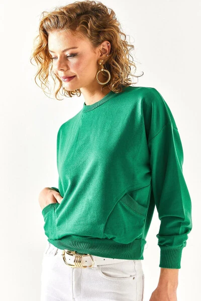 Kadın Zümrüt Yeşili Cep Detaylı Yumuşak Dokulu Sweatshirt SWT-19000616-Zümrüt Yeşili - 2