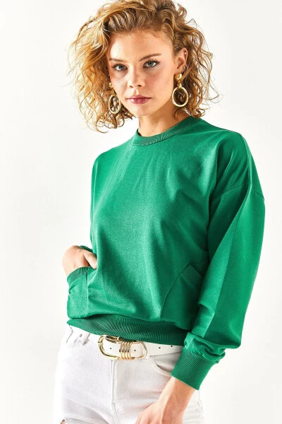 Kadın Zümrüt Yeşili Cep Detaylı Yumuşak Dokulu Sweatshirt SWT-19000616-Zümrüt Yeşili - 3