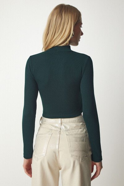 Kadın Zümrüt Yeşili Dik Yaka Fitilli Kaşkorse Crop Bluz ub00165-Zümrüt Yeşili - 5