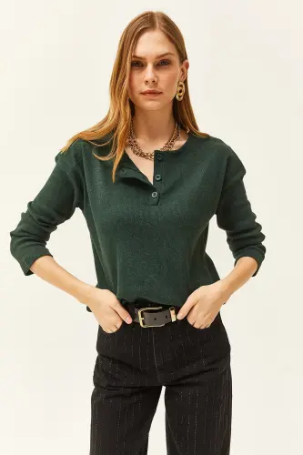Kadın Zümrüt Yeşili Düğmeli Şardonlu Salaş Kazak KZK-19000721-Zümrüt Yeşili - OLALOOK (1)