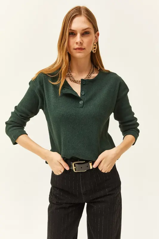 Kadın Zümrüt Yeşili Düğmeli Şardonlu Salaş Kazak KZK-19000721-Zümrüt Yeşili - 2