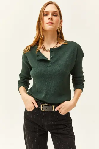 Kadın Zümrüt Yeşili Düğmeli Şardonlu Salaş Kazak KZK-19000721-Zümrüt Yeşili - 3