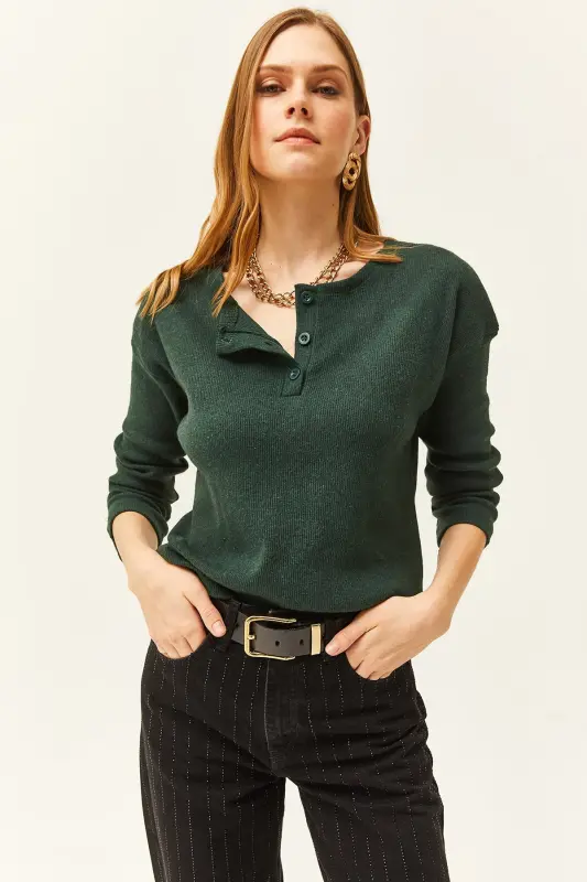 Kadın Zümrüt Yeşili Düğmeli Şardonlu Salaş Kazak KZK-19000721-Zümrüt Yeşili - 3