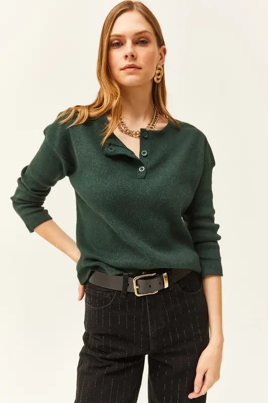 Kadın Zümrüt Yeşili Düğmeli Şardonlu Salaş Kazak KZK-19000721-Zümrüt Yeşili - 4