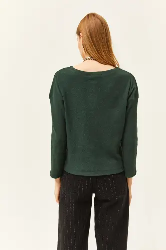 Kadın Zümrüt Yeşili Düğmeli Şardonlu Salaş Kazak KZK-19000721-Zümrüt Yeşili - 5