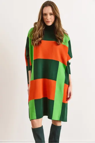 Kadın Zümrüt Yeşili Ekose Kalın Panço Tunik Elbise ELB-19002323-Zümrüt Yeşili - 2