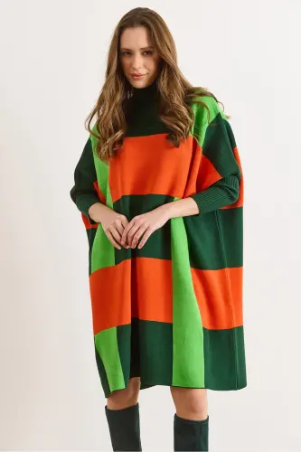 Kadın Zümrüt Yeşili Ekose Kalın Panço Tunik Elbise ELB-19002323-Zümrüt Yeşili - 3