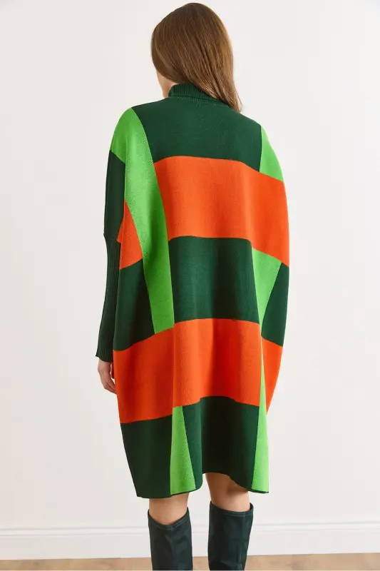 Kadın Zümrüt Yeşili Ekose Kalın Panço Tunik Elbise ELB-19002323-Zümrüt Yeşili - 4