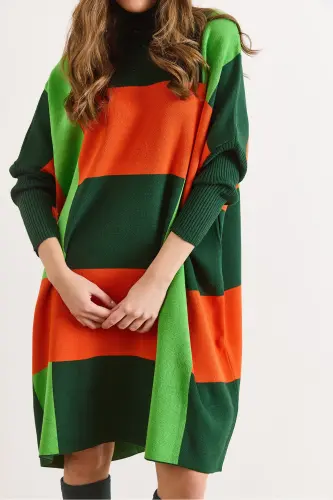 Kadın Zümrüt Yeşili Ekose Kalın Panço Tunik Elbise ELB-19002323-Zümrüt Yeşili - 5