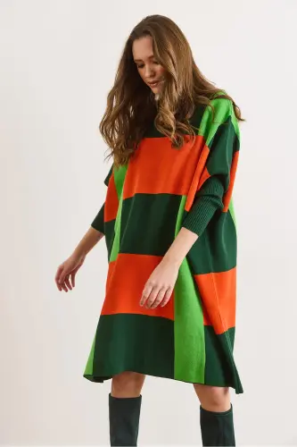 Kadın Zümrüt Yeşili Ekose Kalın Panço Tunik Elbise ELB-19002323-Zümrüt Yeşili - 6