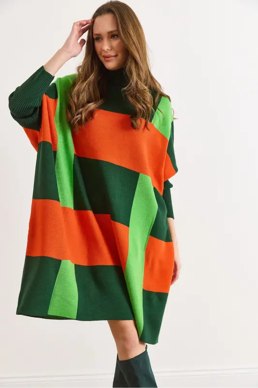 Kadın Zümrüt Yeşili Ekose Kalın Panço Tunik Elbise ELB-19002323-Zümrüt Yeşili - OLALOOK