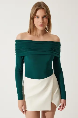 Kadın Zümrüt Yeşili Omuzları Açık Büzgü Detaylı Bluz FF00161-Zümrüt Yeşili - 3