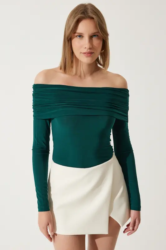 Kadın Zümrüt Yeşili Omuzları Açık Büzgü Detaylı Bluz FF00161-Zümrüt Yeşili - 3