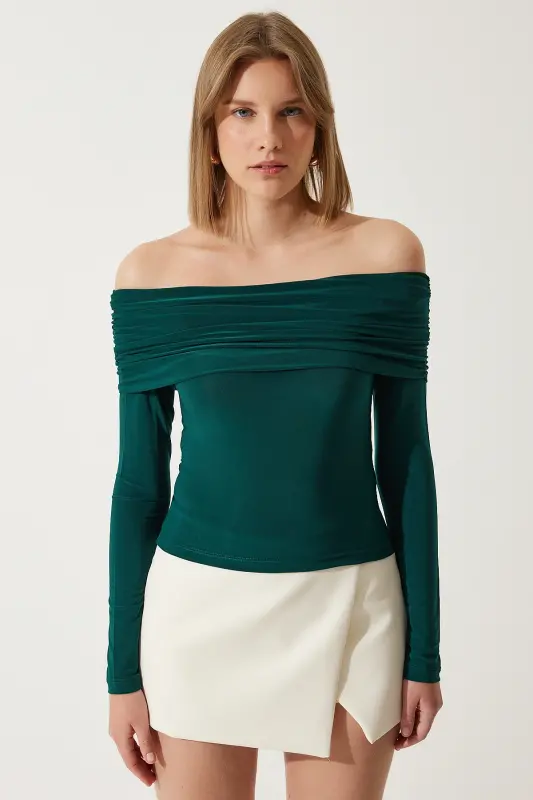Kadın Zümrüt Yeşili Omuzları Açık Büzgü Detaylı Bluz FF00161-Zümrüt Yeşili - 4