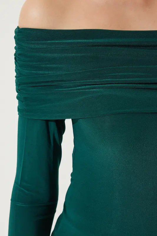 Kadın Zümrüt Yeşili Omuzları Açık Büzgü Detaylı Bluz FF00161-Zümrüt Yeşili - 5