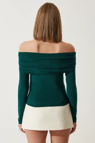 Kadın Zümrüt Yeşili Omuzları Açık Büzgü Detaylı Bluz FF00161-Zümrüt Yeşili - 6