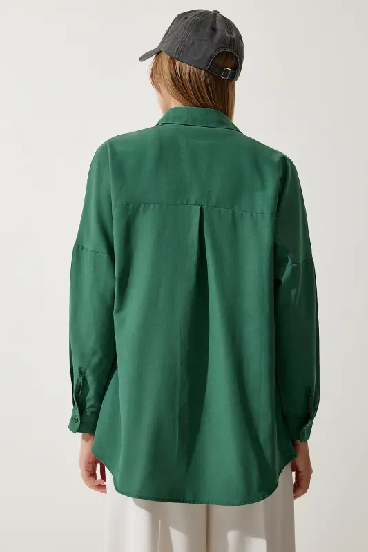 Kadın Zümrüt Yeşili Oversize Uzun Basic Gömlek 3900 DD00842-Zümrüt Yeşili - 2
