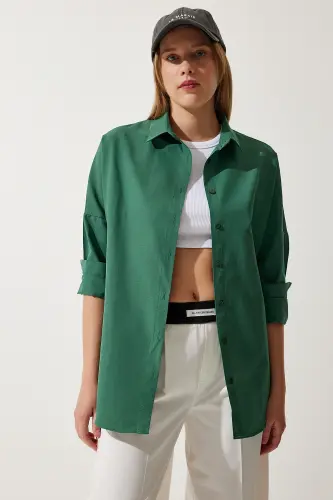 Kadın Zümrüt Yeşili Oversize Uzun Basic Gömlek 3900 DD00842-Zümrüt Yeşili - 3
