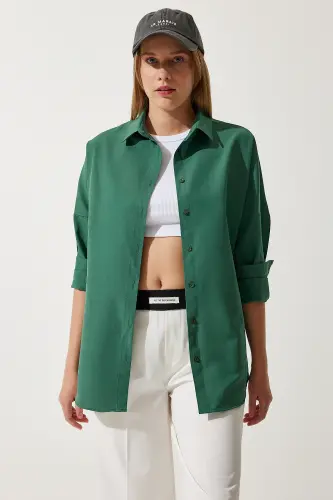 Kadın Zümrüt Yeşili Oversize Uzun Basic Gömlek 3900 DD00842-Zümrüt Yeşili - 4