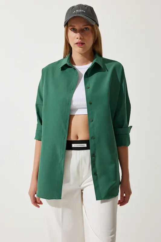 Kadın Zümrüt Yeşili Oversize Uzun Basic Gömlek 3900 DD00842-Zümrüt Yeşili - 4