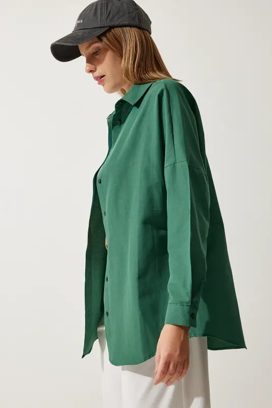 Kadın Zümrüt Yeşili Oversize Uzun Basic Gömlek 3900 DD00842-Zümrüt Yeşili - 5