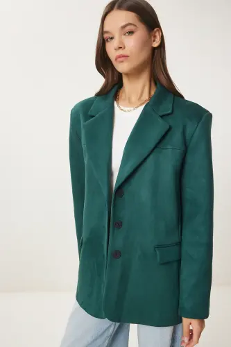 Kadın Zümrüt Yeşili Premium Süet Blazer Ceket FN03443 - Zümrüt Yeşili - 2