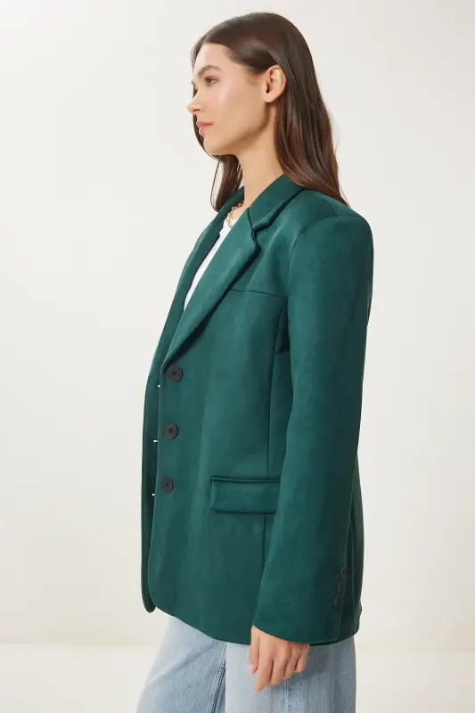 Kadın Zümrüt Yeşili Premium Süet Blazer Ceket FN03443 - Zümrüt Yeşili - 3