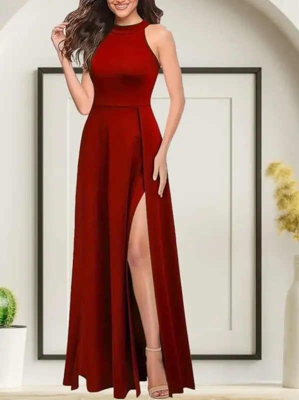 Kadınhalter Yaka Derin Yırtmaç Detaylı Tam Boy Ithal Krep Abiye Elbise - 3