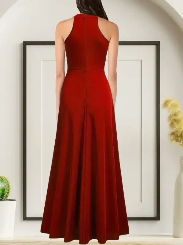 Kadınhalter Yaka Derin Yırtmaç Detaylı Tam Boy Ithal Krep Abiye Elbise - 1