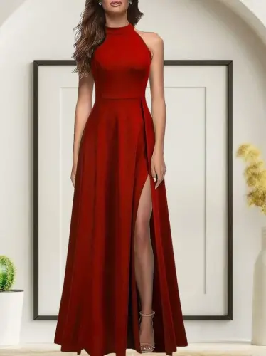 Kadınhalter Yaka Derin Yırtmaç Detaylı Tam Boy Ithal Krep Abiye Elbise - 2